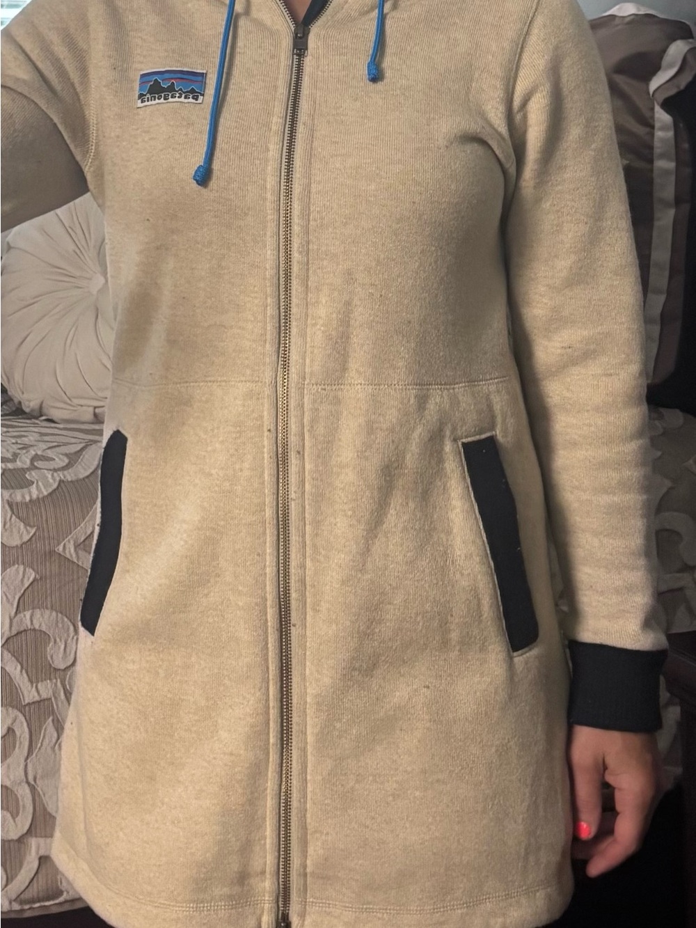 Patagonia Beige Hooded Zip Jacket with Blue Accents - Picture 6 of 11